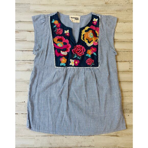 Savanah Jane Embroidered Blue and White Striped Top S EUC - Picture 1 of 2